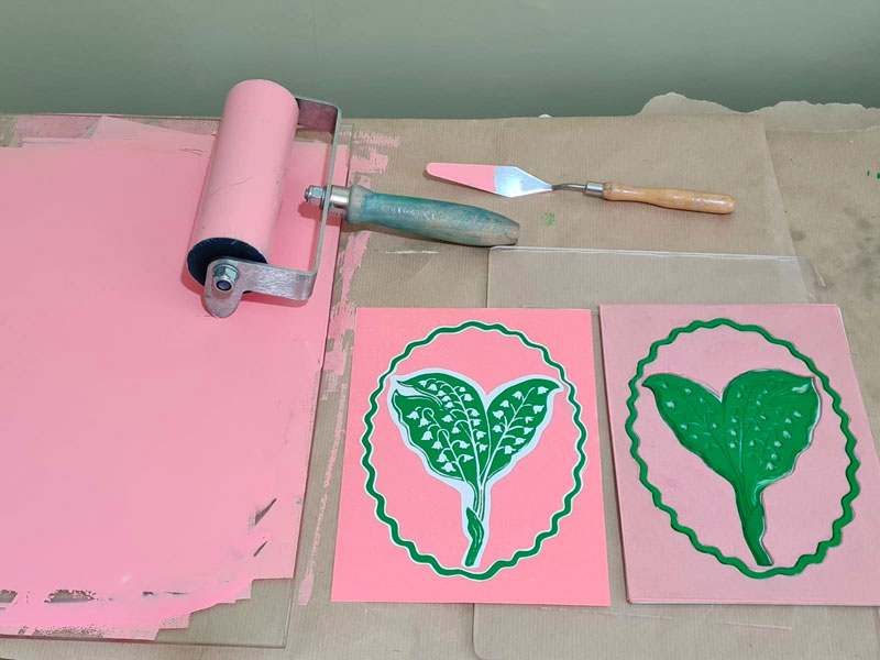 Lino-cut printing tools and image by Bronwen Glazzard